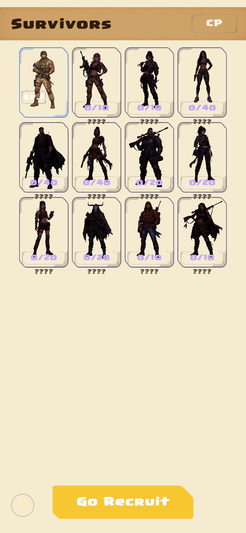 The survivor roster screen showing recruited and locked survivors