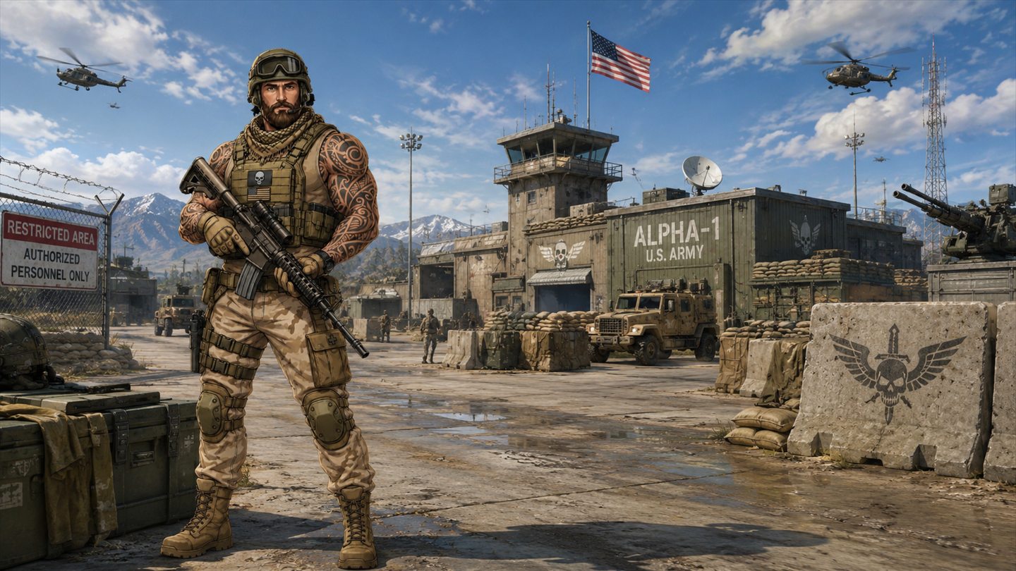 Tyler standing guard at a fortified military base